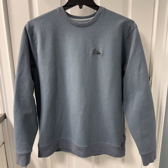 Patagonia Gray Blue Uprisal Crew Flying Fish Trident Logo Sweatshirt Size XL - Picture 1 of 8